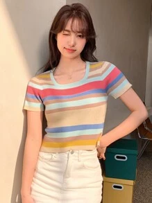 DAZY Striped Print Crop Knit Top - Multicolor - View 4