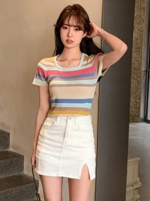 DAZY Striped Print Crop Knit Top - Multicolor - View 5