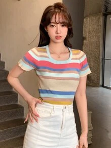 DAZY Striped Print Crop Knit Top - Multicolor - View 6