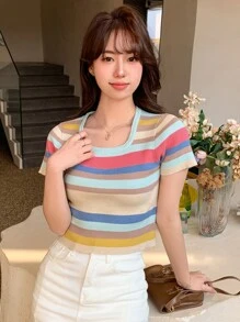 DAZY Striped Print Crop Knit Top - Multicolor - View 7