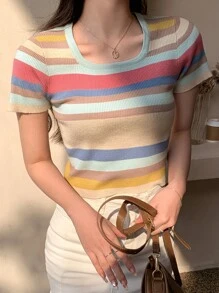 DAZY Striped Print Crop Knit Top - Multicolor - View 8