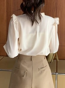 DAZY Tie Neck Ruffle Trim Lantern Sleeve Blouse,Fall Clothes Long Sleeve Women - Apricot - View 2