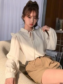DAZY Tie Neck Ruffle Trim Lantern Sleeve Blouse,Fall Clothes Long Sleeve Women - Apricot - View 3