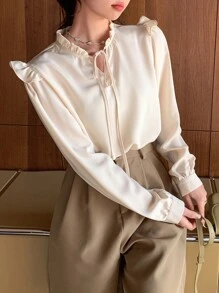 DAZY Tie Neck Ruffle Trim Lantern Sleeve Blouse,Fall Clothes Long Sleeve Women - Apricot - View 7