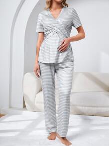 SHEIN Maternity Striped Print Nursing PJ Set - Light Grey - View 3