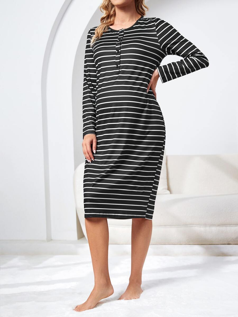 SHEIN Maternity Striped Print Quarter Button Lounge Dress - Black - View 1