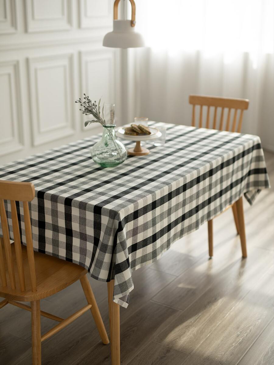 1 Pieza Mantel Tejido De Color Negro Y Blanco Con Cuadros - Blanco y Negro - Ver 1