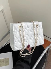 時尚拼接幾何凹凸鏈條方形包,適用於女性、菜鳥及白領工人、老師送禮品、適用於女士、女性商務/通勤/工作/辦公室、節日/假期 - 米色 - 查看 1