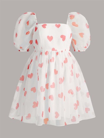 SHEIN MOD Vestido con estampado de corazón de cuello cuadrado de manga farol de organdí