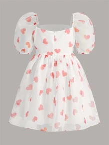 SHEIN MOD Plus Heart Print Square Neck Puff Sleeve Organza Dress - White - View 2