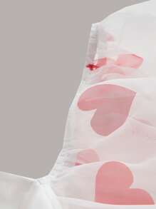 SHEIN MOD Plus Heart Print Square Neck Puff Sleeve Organza Dress - White - View 4