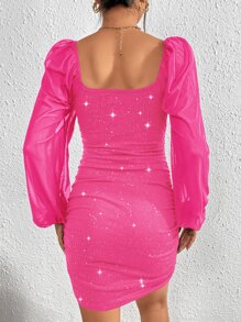 Allurite Sweetheart Neck Lantern Sleeve Ruched Glitter Bodycon Dress - Hot Pink - View 2