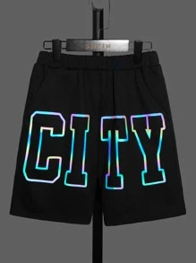 SHEIN Boys Reflective Flare Letter Graphic Track Shorts - Black - View 1