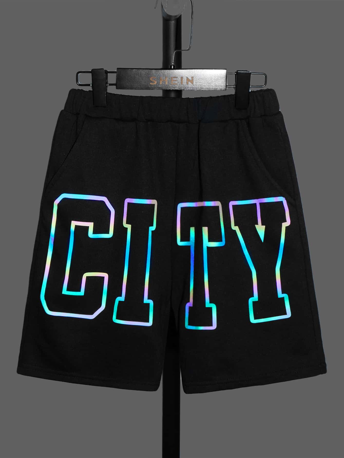 SHEIN Boys Reflective Flare Letter Graphic Track Shorts - Black - View 1