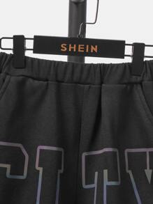 SHEIN Boys Reflective Flare Letter Graphic Track Shorts - Black - View 3