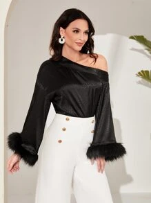 Modelyn Contrast Fuzzy Asymmetrical Neck Satin Blouse - Black - View 1