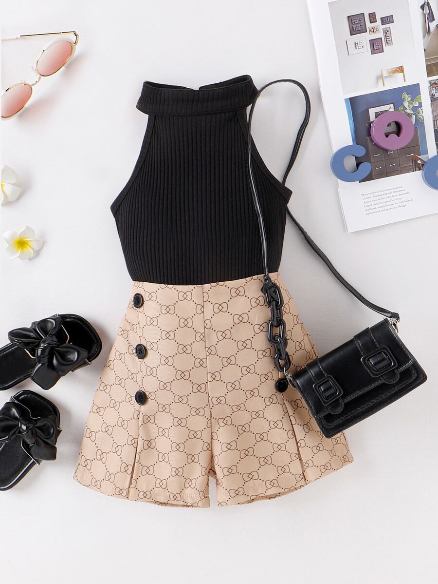 Niñitas Top halter tejido de canalé & Shorts con estampado geométrico - Multicolor - Ver 1