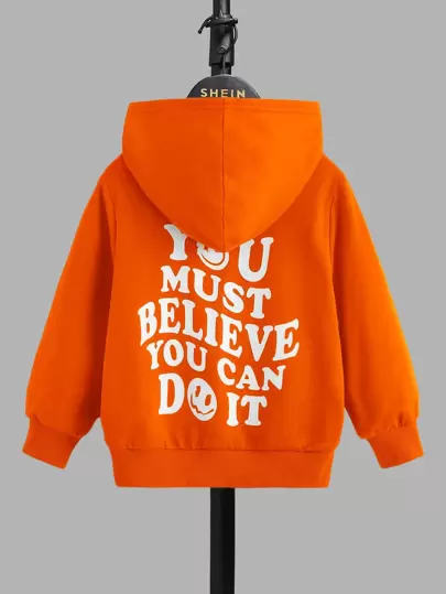 SHEIN Young Boy Printed Cartoon Face & Letter Hoodie With Long Sleeves, Funny & Comfortable Casual Wear Suitable For Spring And Autumn