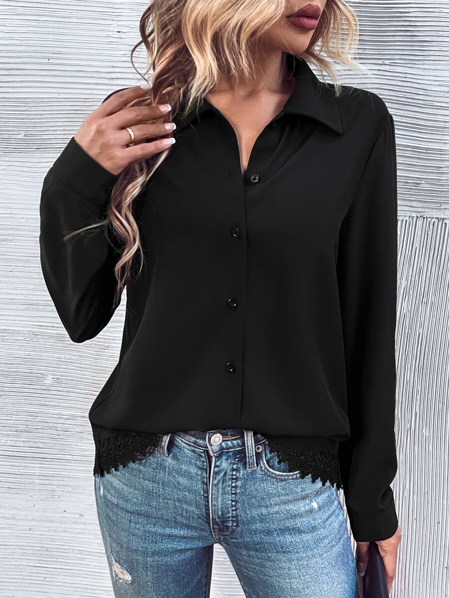 SHEIN LUNE Contrast Lace Button Front Shirt - Black - View 1