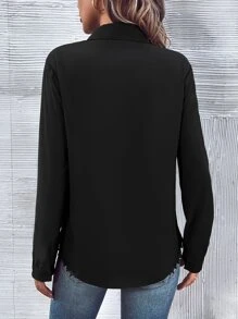SHEIN LUNE Contrast Lace Button Front Shirt - Black - View 2