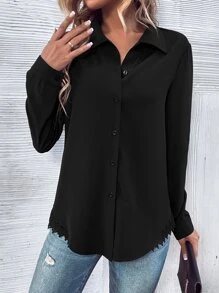 SHEIN LUNE Contrast Lace Button Front Shirt - Black - View 4