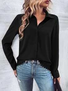 SHEIN LUNE Contrast Lace Button Front Shirt - Black - View 5