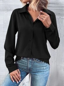 SHEIN LUNE Contrast Lace Button Front Shirt - Black - View 6