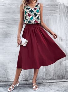 SHEIN Holidaya 幾何印花背心上衣和半身裙 - 彩色 - 查看 1