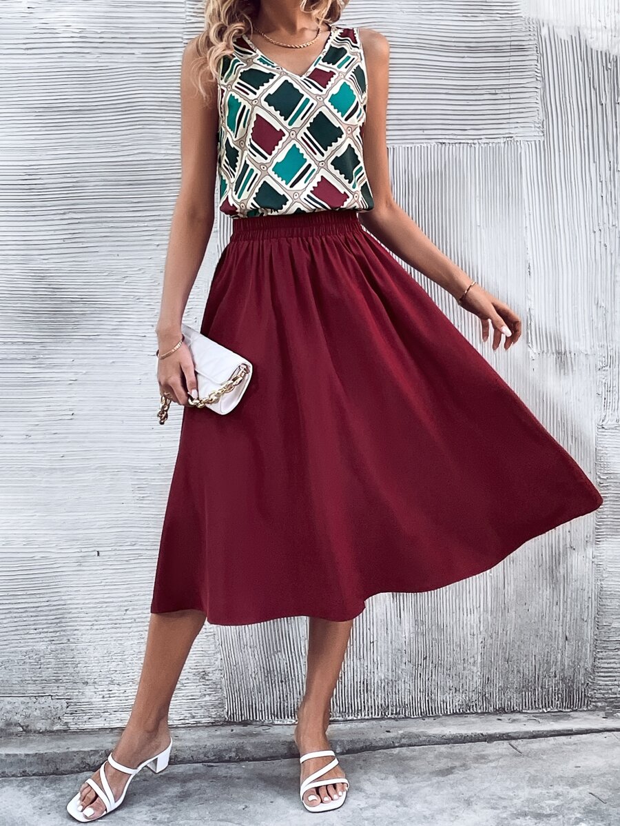 SHEIN Holidaya 幾何印花背心上衣和半身裙 - 彩色 - 查看 1