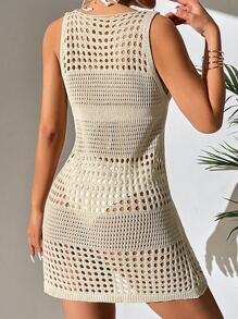 SHEIN Swim Women's Solid Color Hollow Out Knit Cover Up Mini Dress For Vacation For Summer - Apricot - View 2