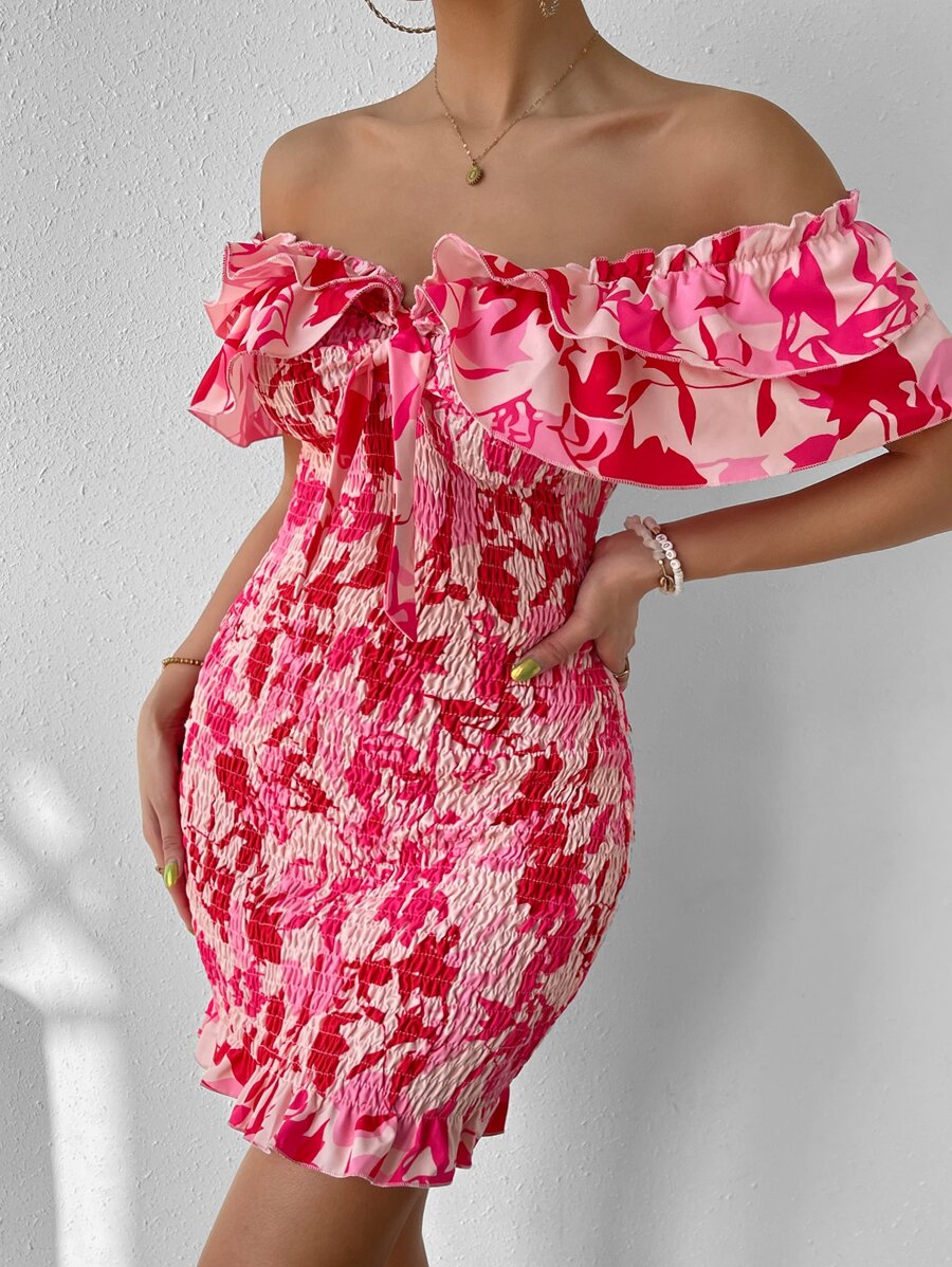 Breezaya Đầm Xù Dải chun phân lớp Hoa In ngẫu nhiên Boho - Hồng - Xem 1