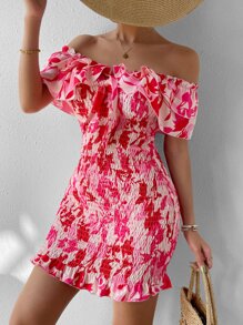 Breezaya Đầm Xù Dải chun phân lớp Hoa In ngẫu nhiên Boho - Hồng - Xem 4