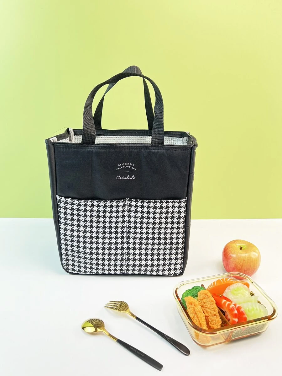 Houndstooth & Letter Graphic Waterproof Insulation Lunch Bag - Multicolor - View 1