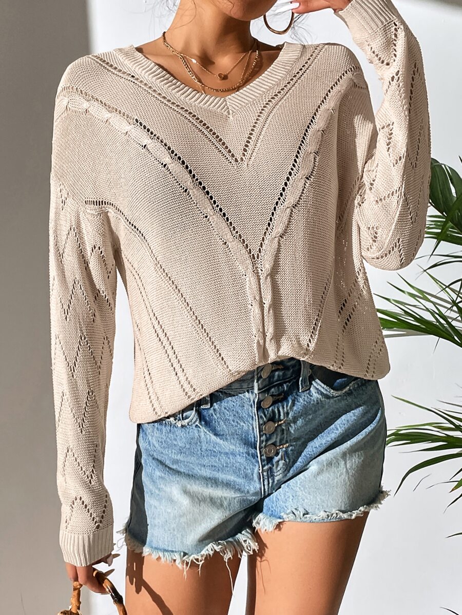 SHEIN LUNE Jersey de hombros caídos de punto de malla - Albaricoque - Ver 1