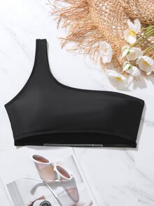 Top bikini con diamante de imitación de un hombro - Negro - Ver 3