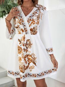 SHEIN VCAY 印花交疊領A字洋裝 - 白色 - 查看 3