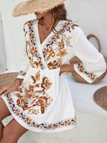 SHEIN VCAY 印花交疊領A字洋裝 - 白色 - 查看 6