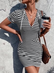 Chiquease Đầm Dây kéo Sọc Giải trí - Đen và trắng - Xem 3