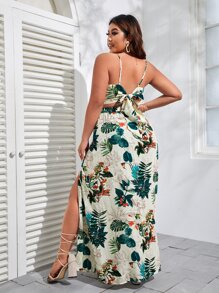 SHEIN VCAY 大碼熱帶圖案後綁帶吊帶上衣和裹身半身裙 - 彩色 - 查看 2