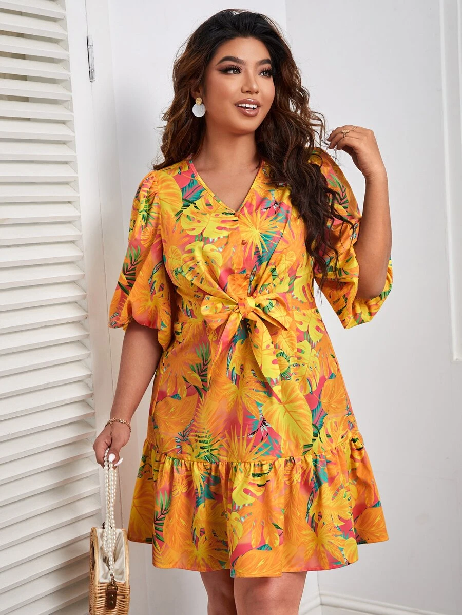 SHEIN VCAY Plus Tropical Print Lantern Sleeve Ruffle Hem Bow Front Dress - Multicolor - View 1