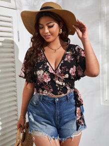 SHEIN VCAY Wickelbluse mit Blume Muster, Schmetterlingsärmeln, seitlichem Knoten - Verschiedenfarbig - Übersicht 4