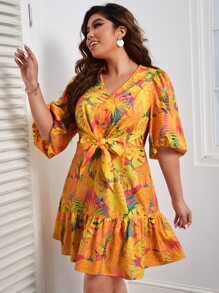 SHEIN VCAY Plus Tropical Print Lantern Sleeve Ruffle Hem Bow Front Dress - Multicolor - View 5