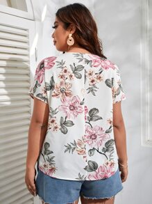 SHEIN VCAY Plus Floral Print Contrast Mesh Dolman Sleeve Blouse - Multicolor - View 2