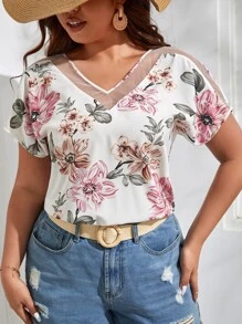 SHEIN VCAY Plus Floral Print Contrast Mesh Dolman Sleeve Blouse - Multicolor - View 4