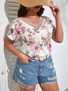 SHEIN VCAY Plus Floral Print Contrast Mesh Dolman Sleeve Blouse - Multicolor - View 5