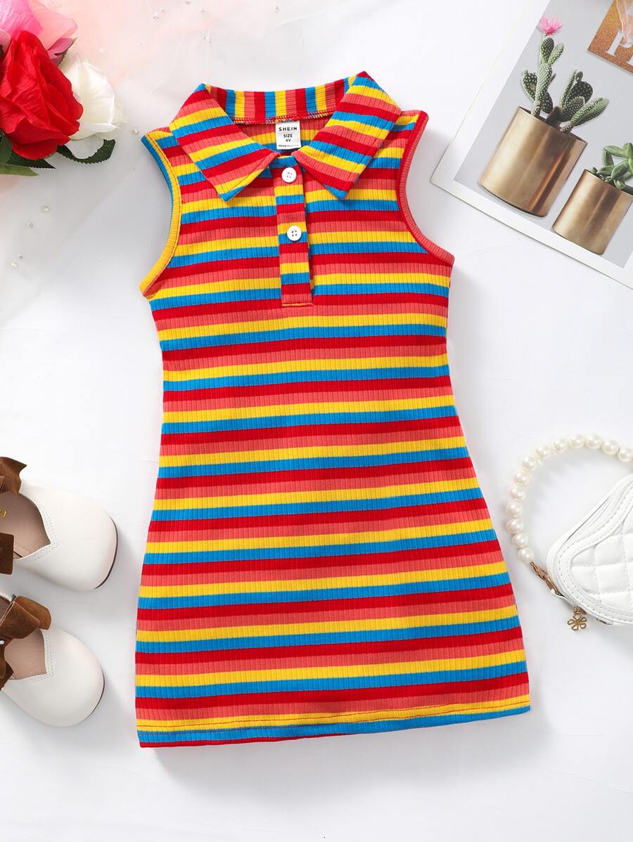 小女童彩虹條紋Polo領連衣裙 - 彩色 - 查看 1