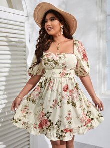 SHEIN VCAY Vestido con estampado floral de cuello cuadrado de manga farol bajo con fruncido - Multicolor - Ver 1