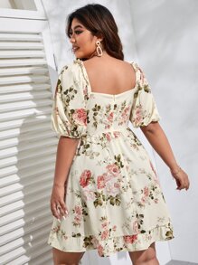 SHEIN VCAY Vestido con estampado floral de cuello cuadrado de manga farol bajo con fruncido - Multicolor - Ver 2