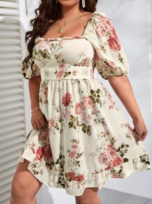 SHEIN VCAY Vestido con estampado floral de cuello cuadrado de manga farol bajo con fruncido - Multicolor - Ver 4