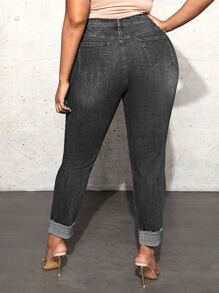 SHEIN SXY Plus High Waist Raw Cut Skinny Jeans - Black - View 2